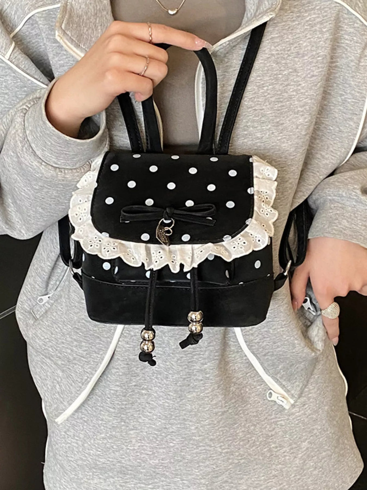 Polka Dot Lace Trim Backpack Bag - Lilixa.store