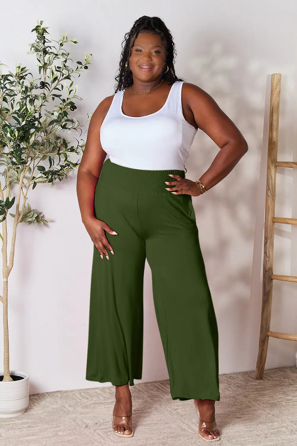 Basic Bae Full Size Smocked Wide Waistband Wide Leg Pants - Lilixa.store