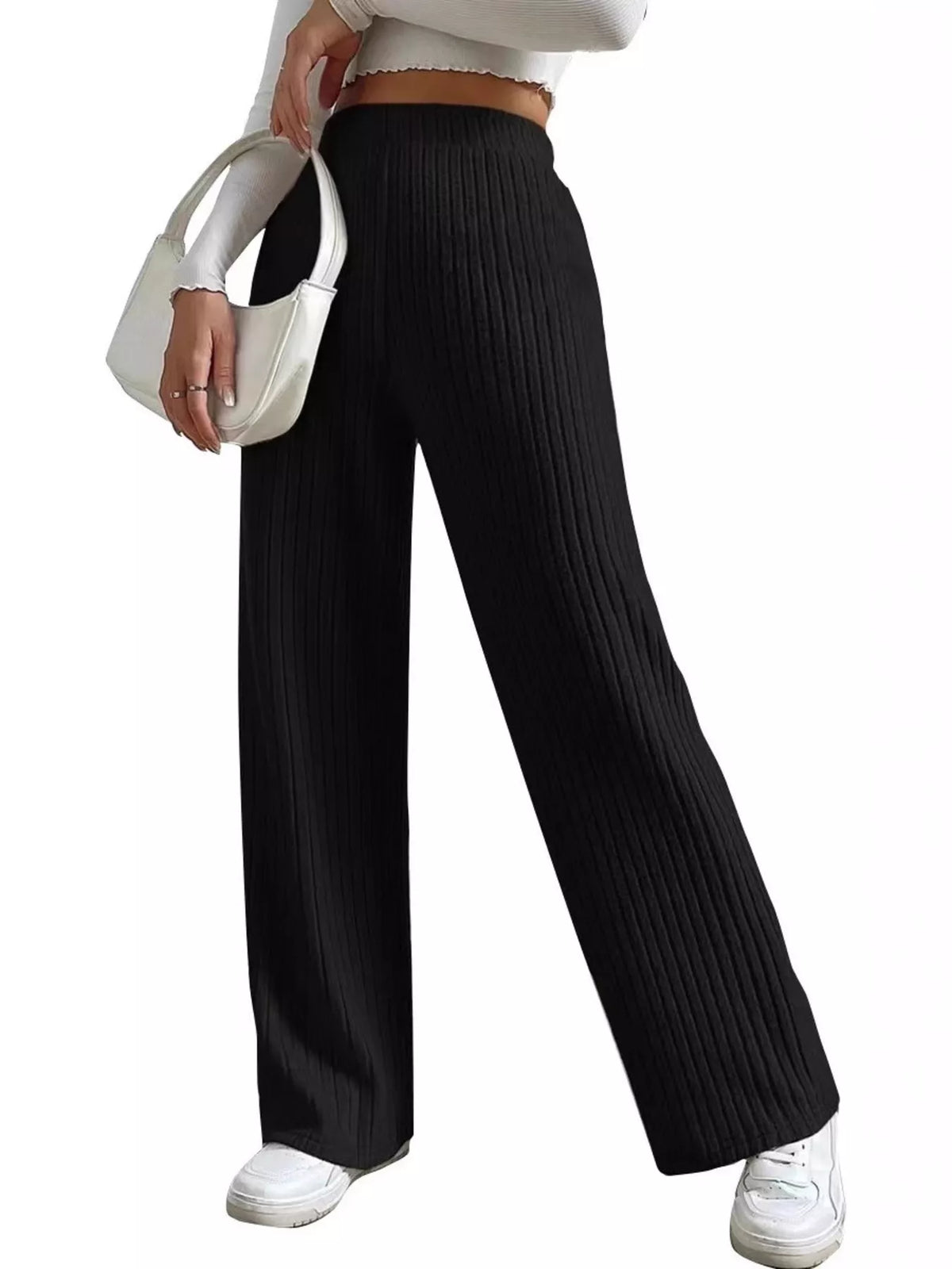Ribbed Knit Wide-Leg Sweater Pants in Black