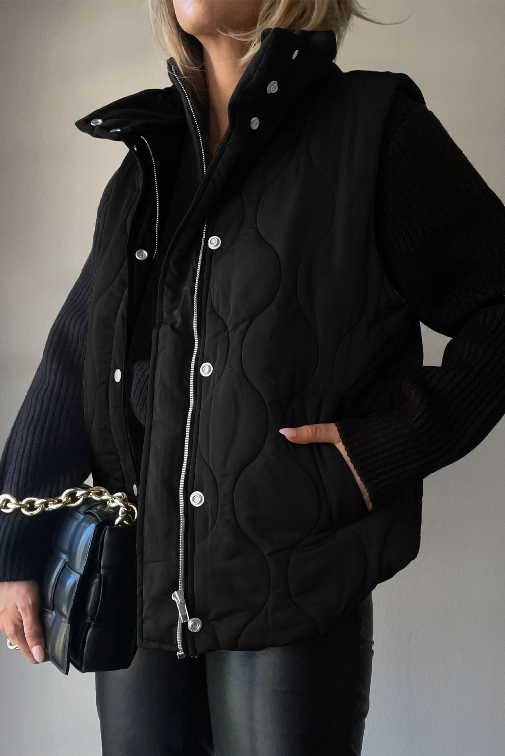 Collared Neck Vest with Pockets in Black