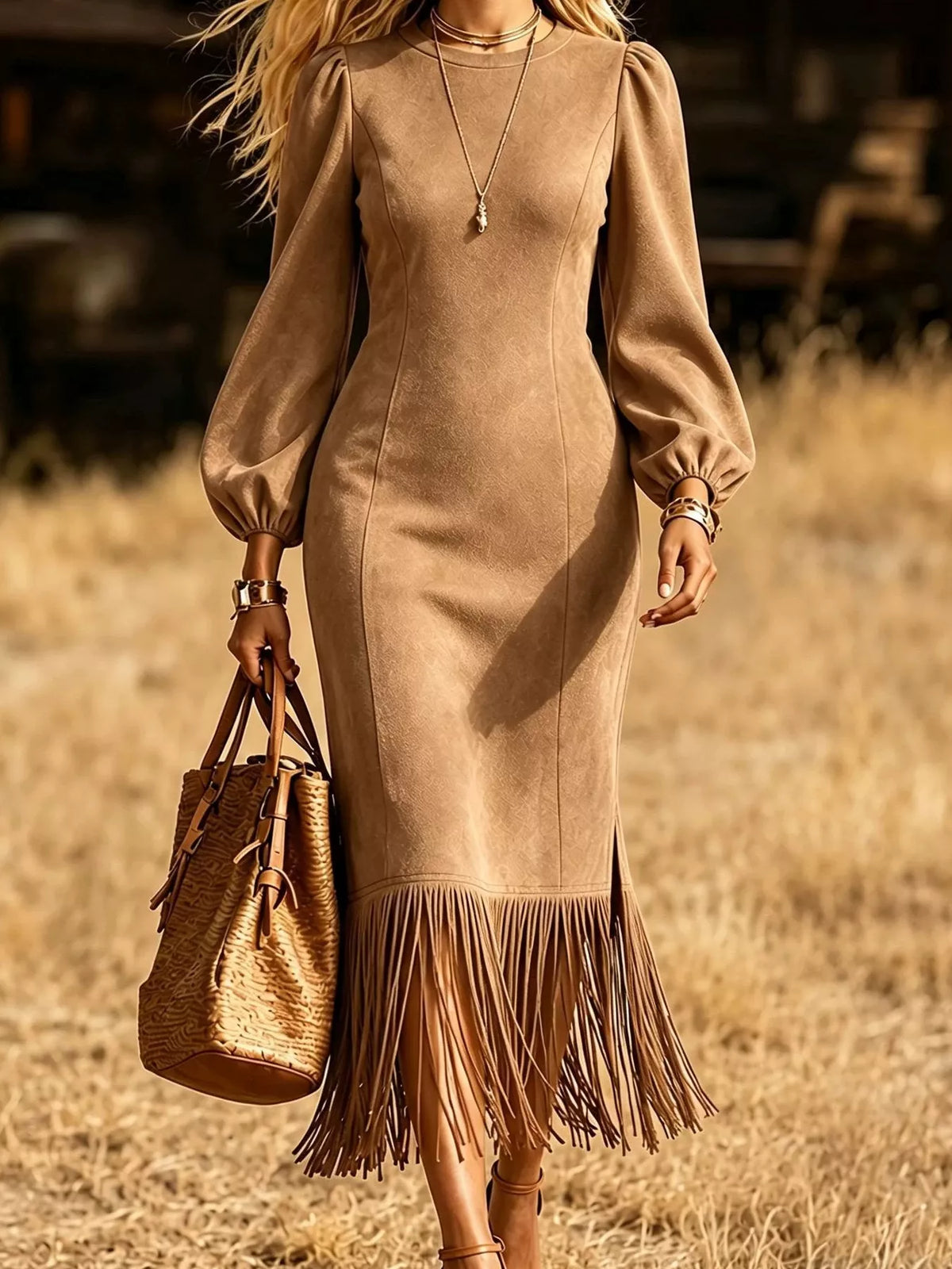 Fringe Balloon Sleeve Midi Dress