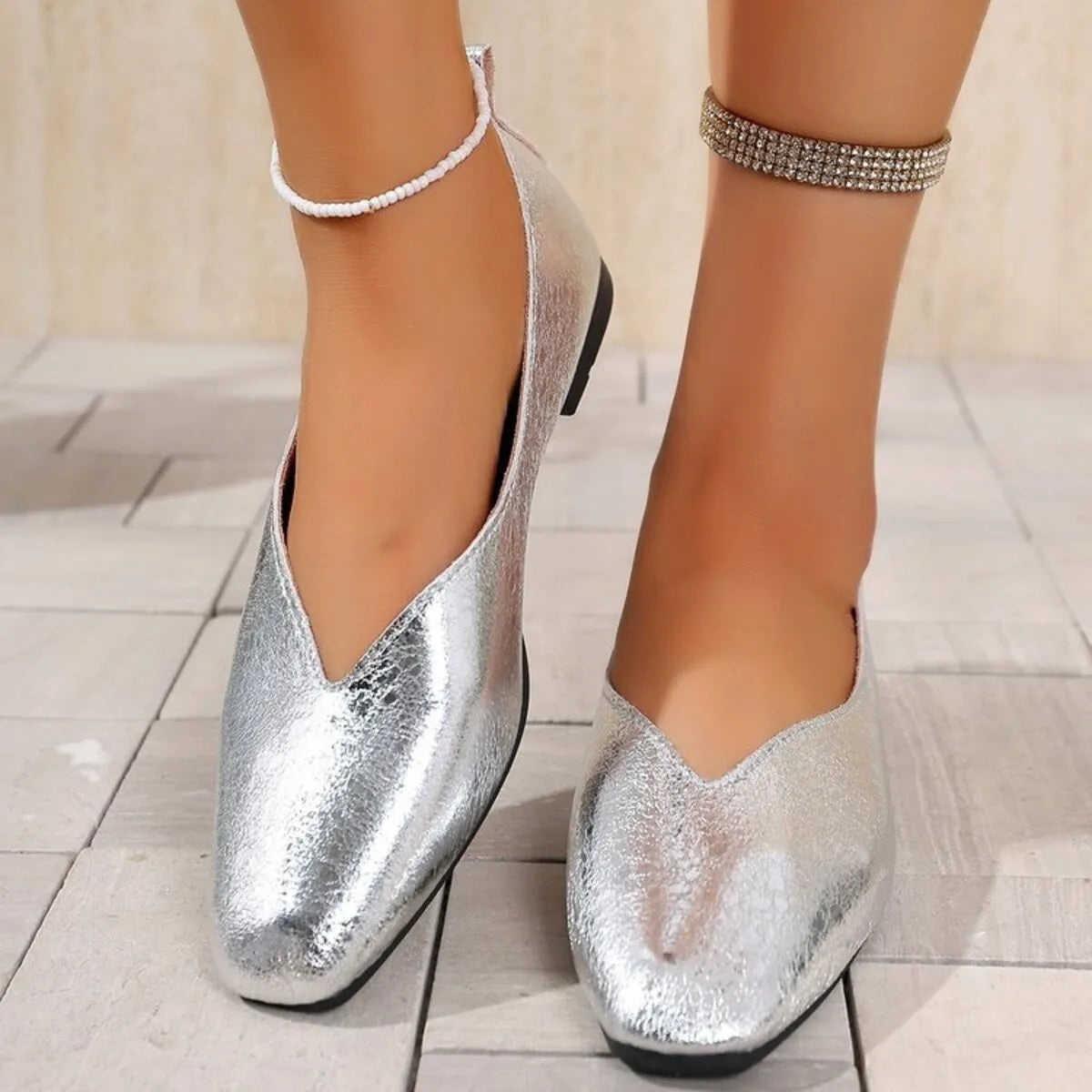 Sparkly Metallic Ballet Flat Loafers in Silver