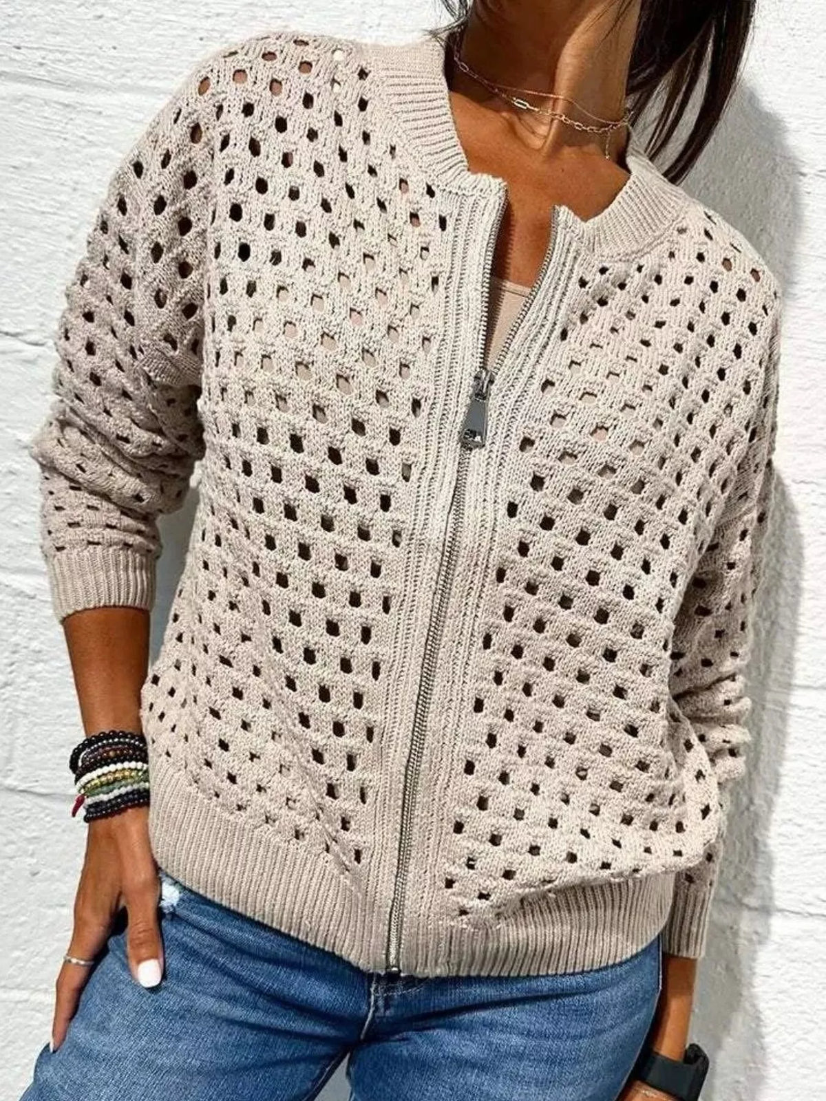 Full Size Crochet Knit Zip-Up Cardigan Plus Size - Lilixa.store
