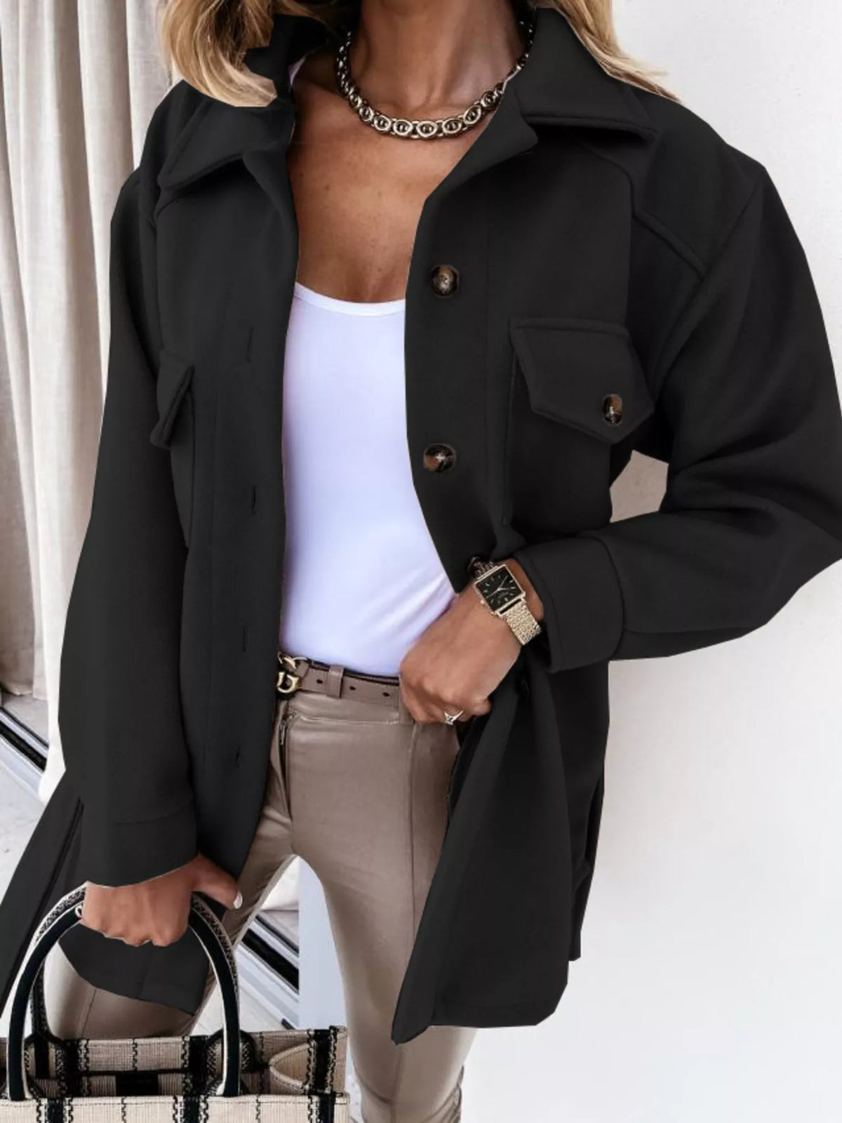 Button-Down Tie Waist Coat in Black