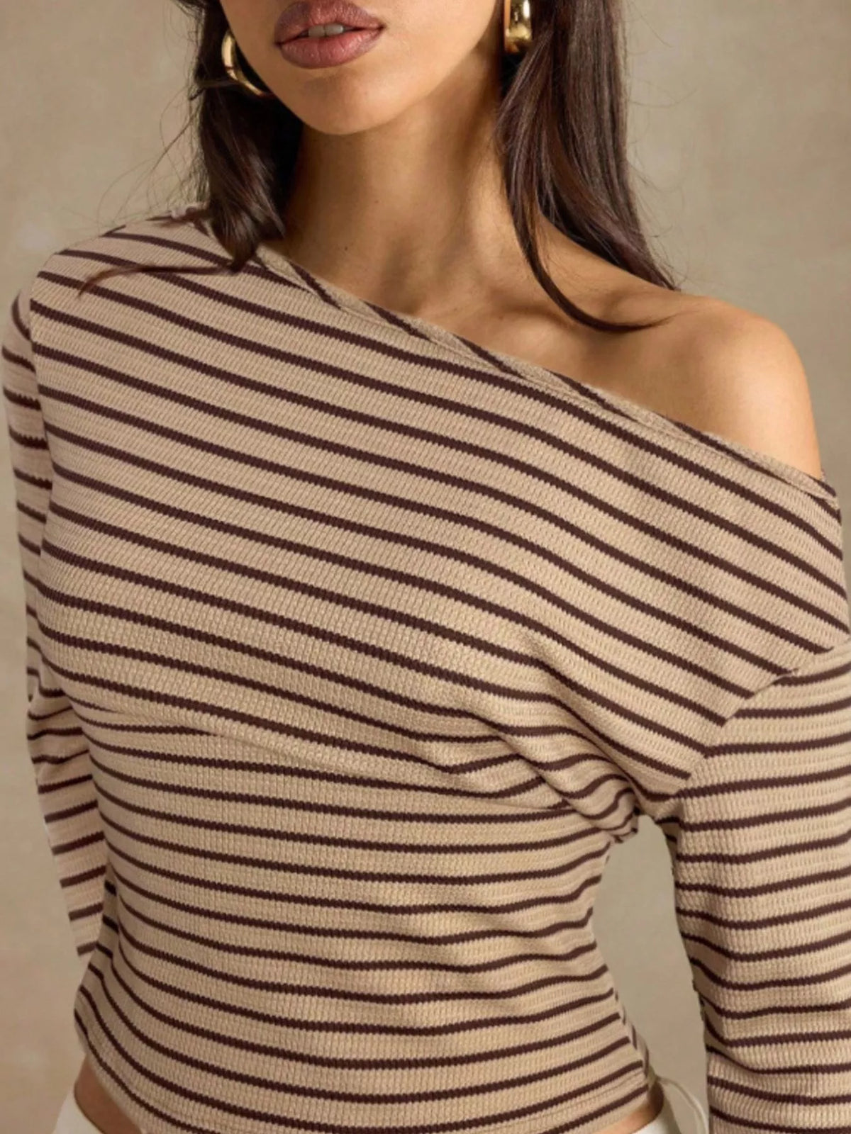 Off-Shoulder Striped Ribbed Long Sleeve T-Shirt, view 10