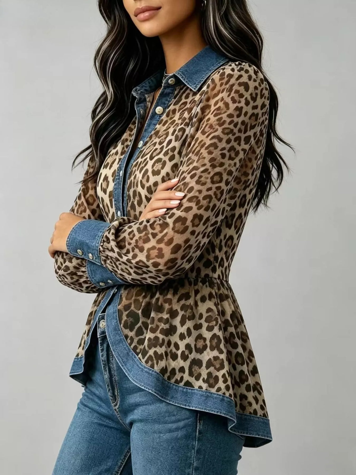 Denim Contrast Trim Leopard Shirt - Lilixa.store
