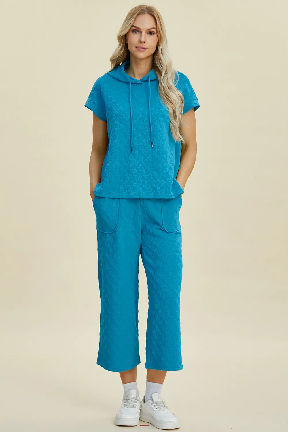 Double Take Full Size Texture Drawstring Short Sleeve Hoodie and Pocketed Pants Set in Cerulean