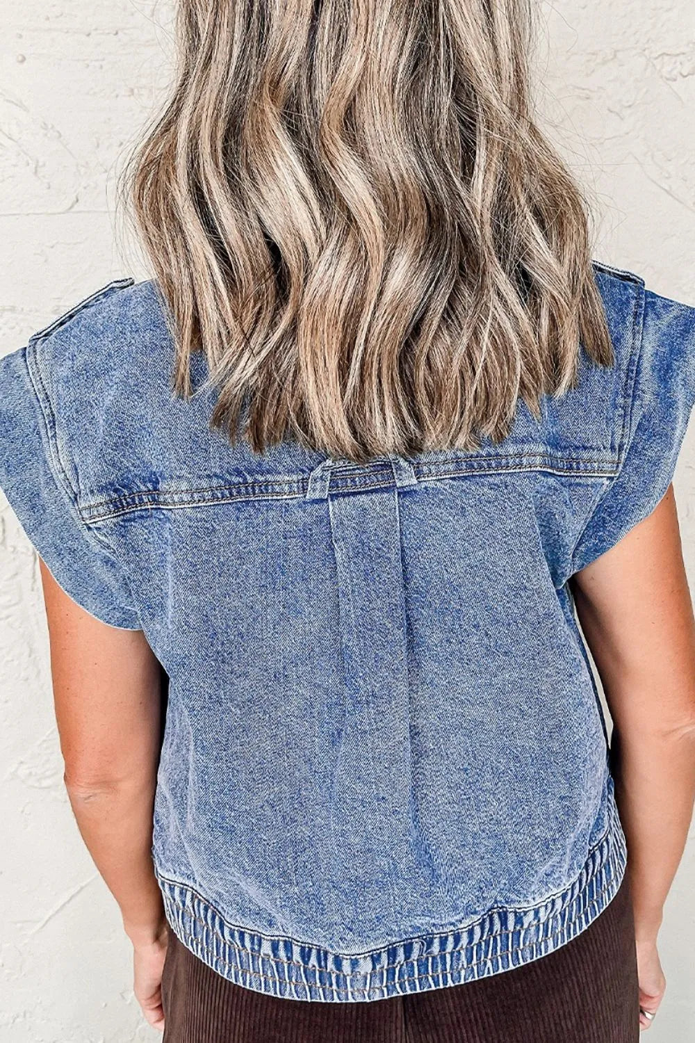 Button Up Cap Sleeve Denim Jacket, view 7