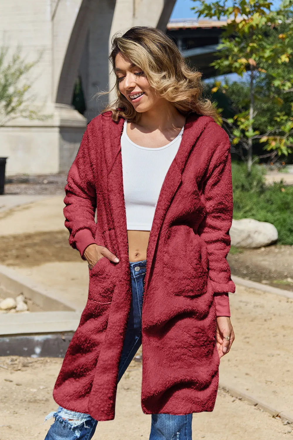Double Take Full Size Hooded Teddy Bear Jacket with Thumbholes - Lilixa.store