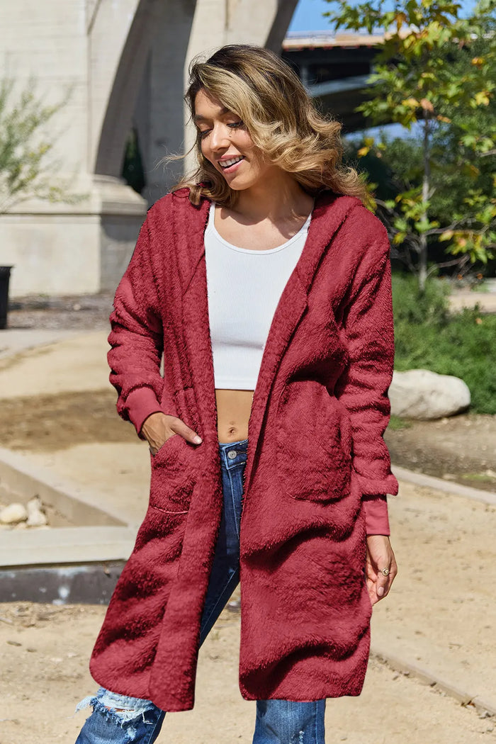 Double Take Full Size Hooded Teddy Bear Jacket with Thumbholes - Lilixa.store