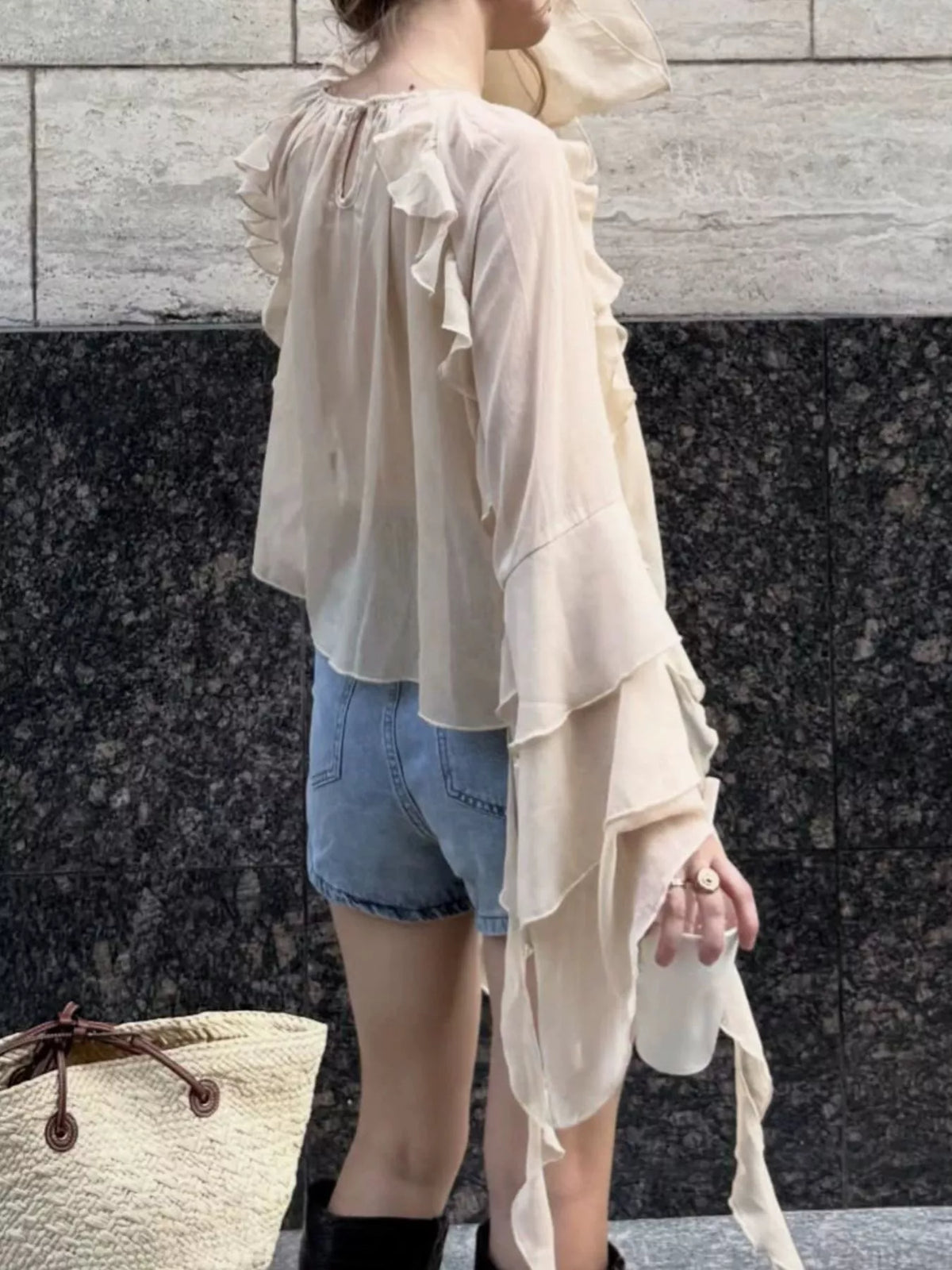 Ruffled Flare Sleeve Blouse in Eggshell, view 5