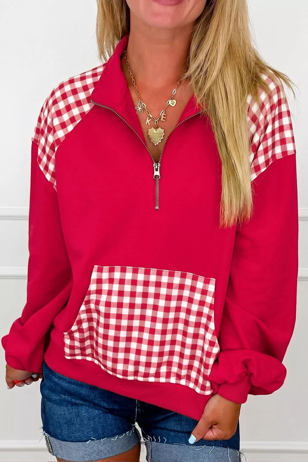 Plaid Kangaroo Pocket Quarter-Zip Sweatshirt - Lilixa.store