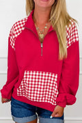 Plaid Kangaroo Pocket Quarter-Zip Sweatshirt - Lilixa.store