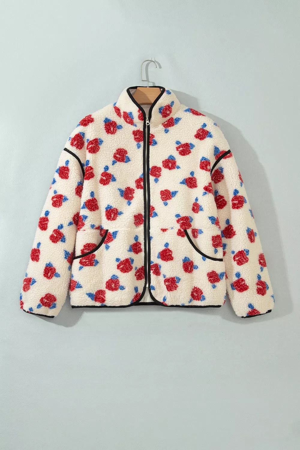 Floral Print Zipper Stand Neck Outerwear Fleece Coat in Scarlet, view 6