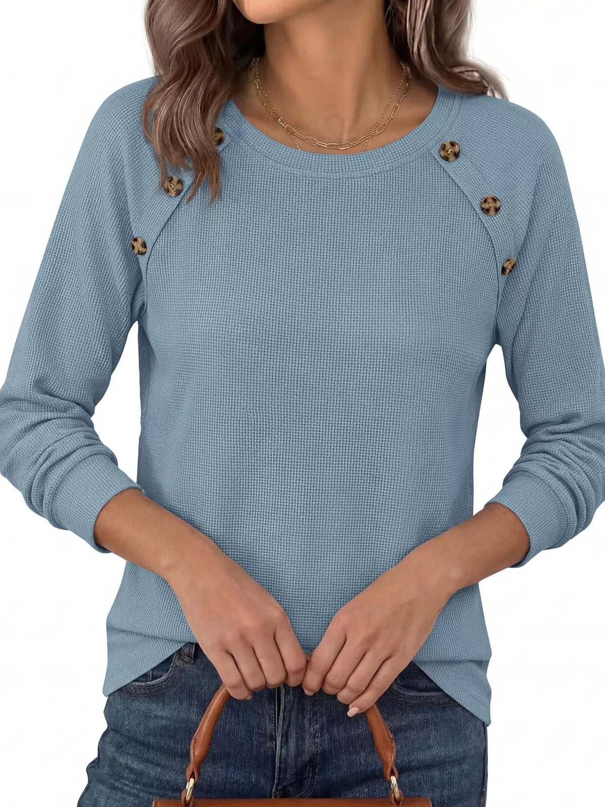 Decorative Button Waffle Knit Long Sleeve T-Shirt