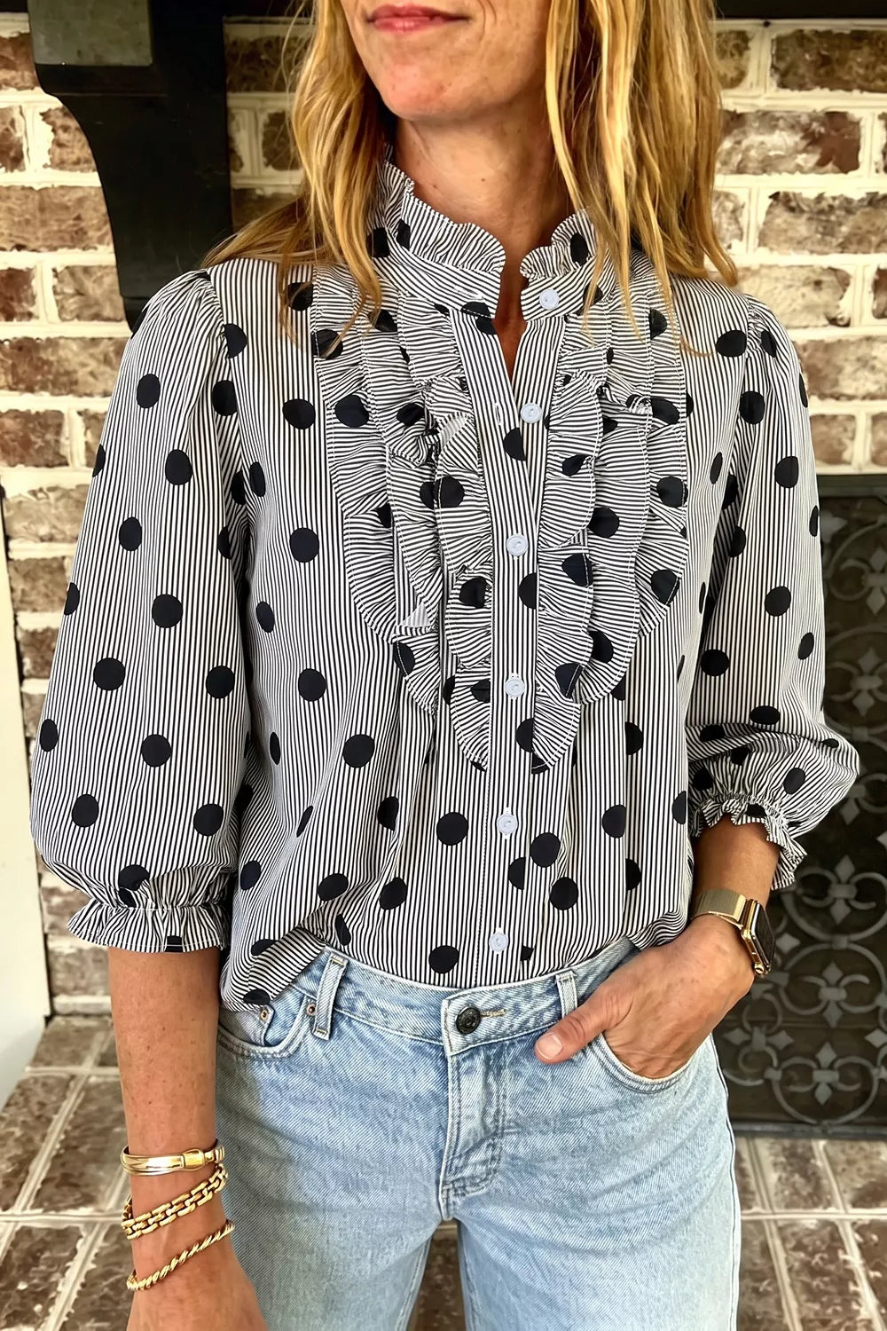 Polka Dot Ruffled Stand-Collar Shirt in Black