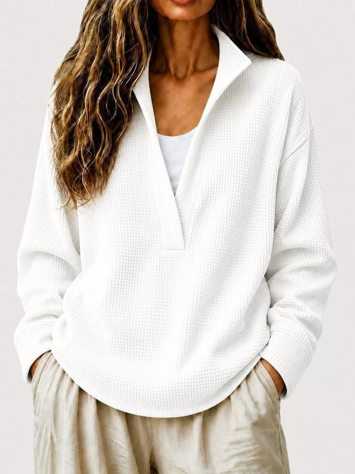 Full Size Waffle Knit Dropped Shoulder Sweatshirt Plus Size