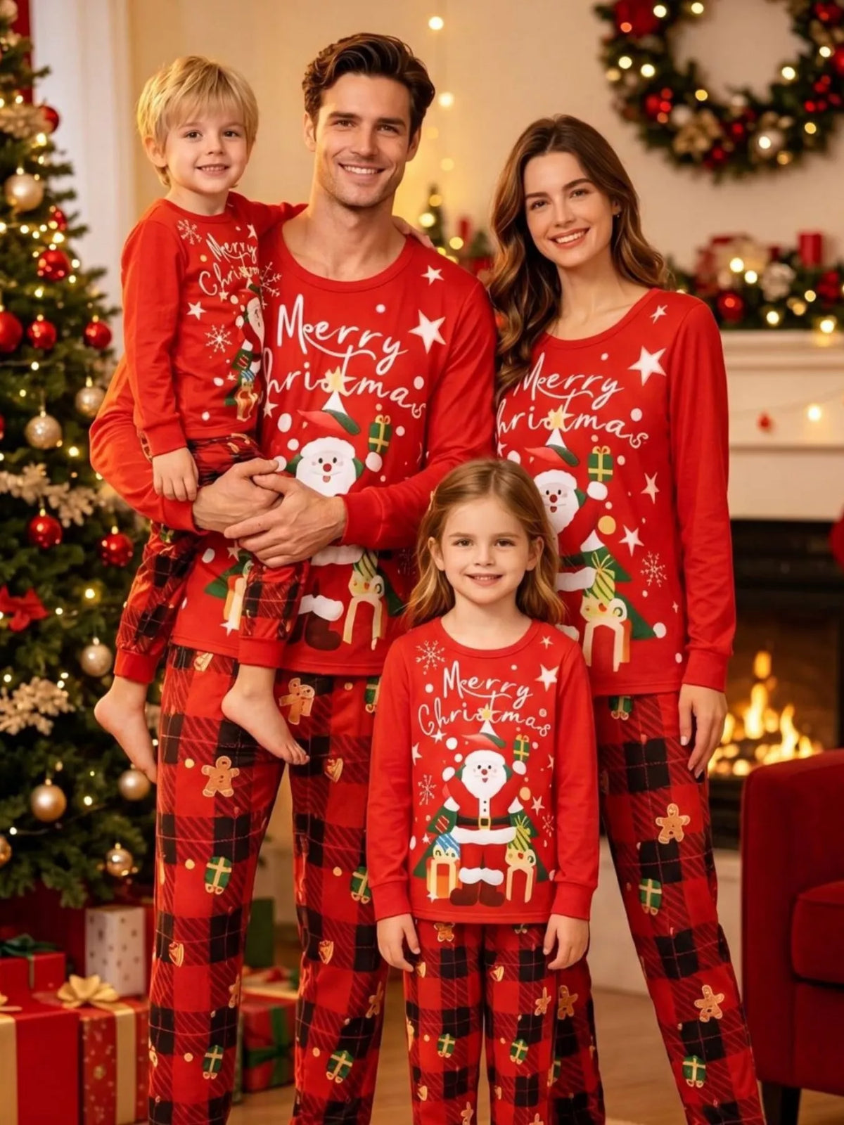 Family Matching Christmas Pajama Set with Santa and Plaid Print