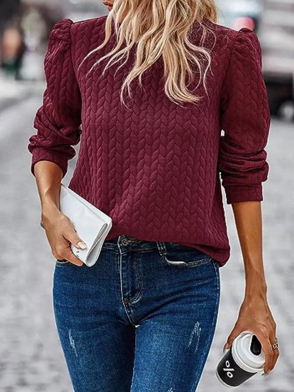 Texture Round Neck Long Sleeve Sweatshirt - Lilixa.store