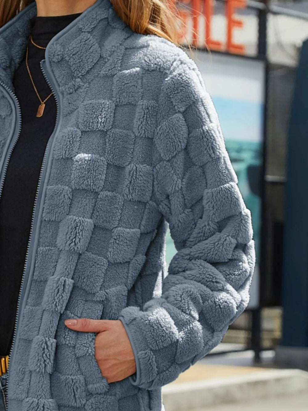 Fuzzy Checkered Zip Up Jacket, view 11