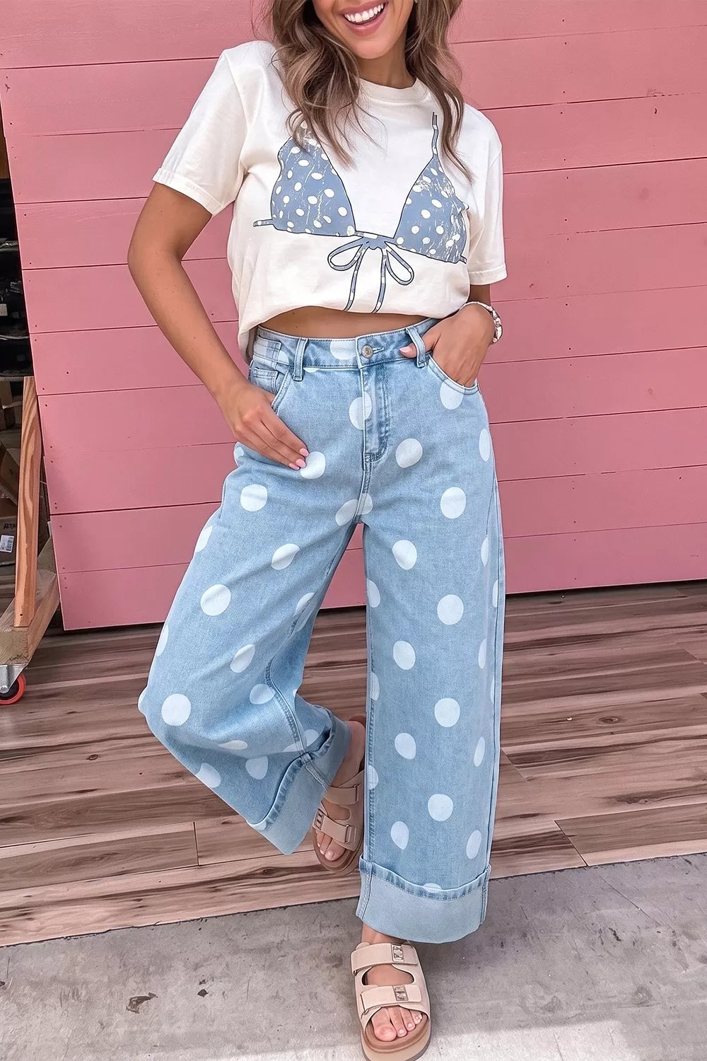 Polka Dot Ankle-Length Metal Button Casual Jeans - Lilixa.store