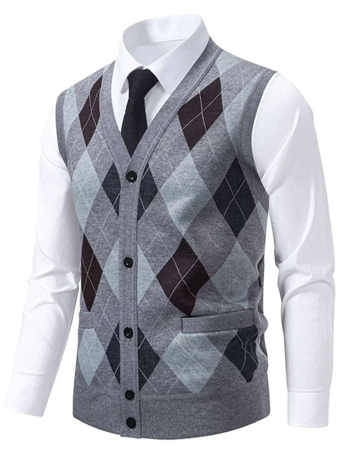 Men's Plus Size Argyle Pattern V-Neck Button-Down Cardigan Vest - Lilixa.store
