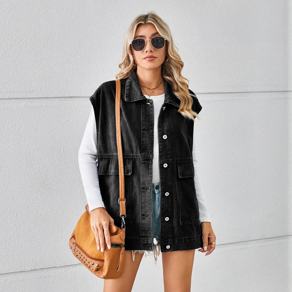 Pocketed Button Up Sleeveless Denim Jacket in Black