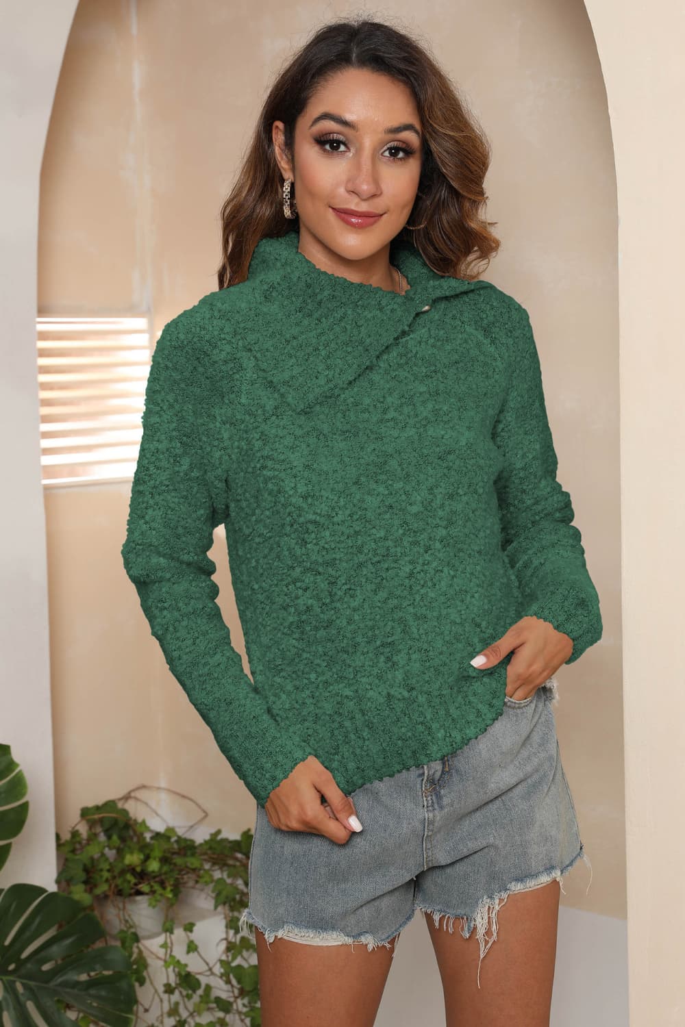 Asymmetrical Neck Long Sleeve Pullover Sweater in Dark Green