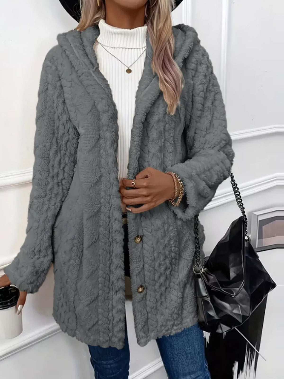 Full Size Button-Down Hooded Outerwear Plus Size, view 12