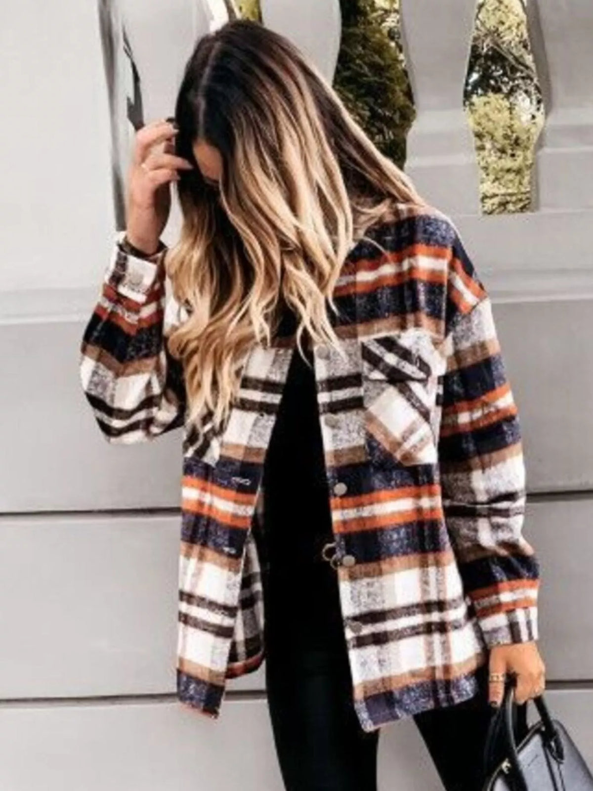 Plaid Button-Down Long Sleeve Shacket, view 9