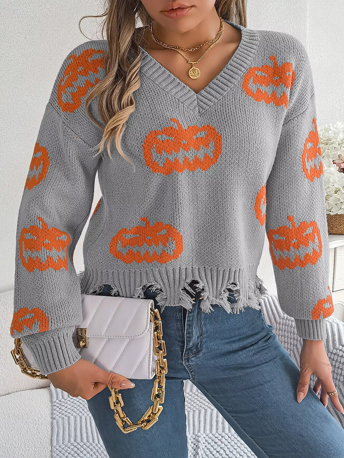 Pumpkin Distressed Hem Sweater