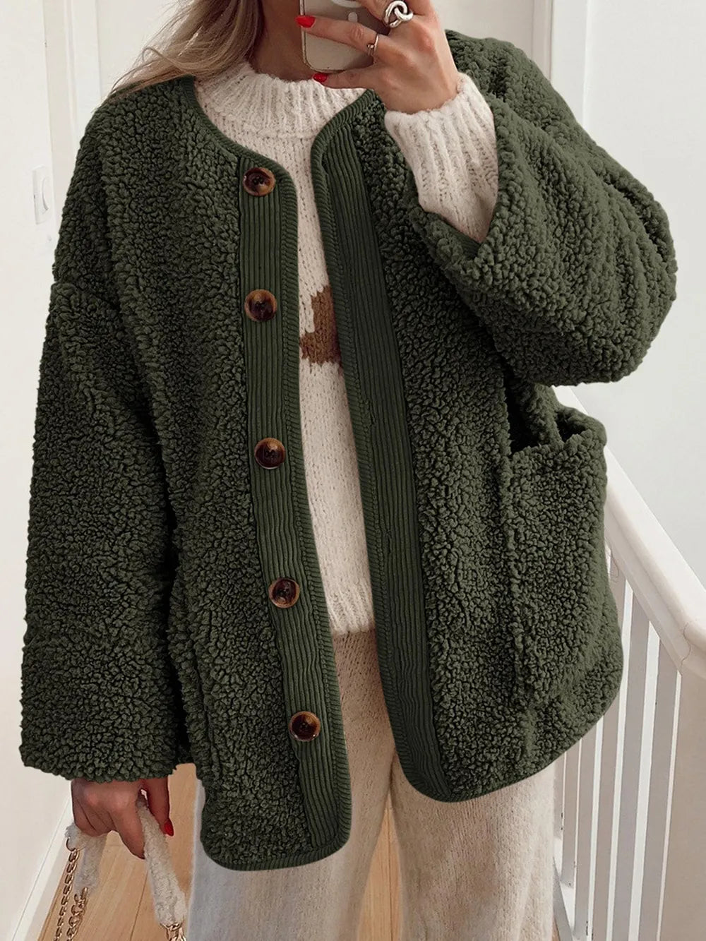 Contrast Button Up Sherpa Jacket with Pockets in Black Forest