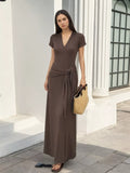 V-Neck Short Sleeve Maxi Dress with Waist-Tie Detail - Lilixa.store