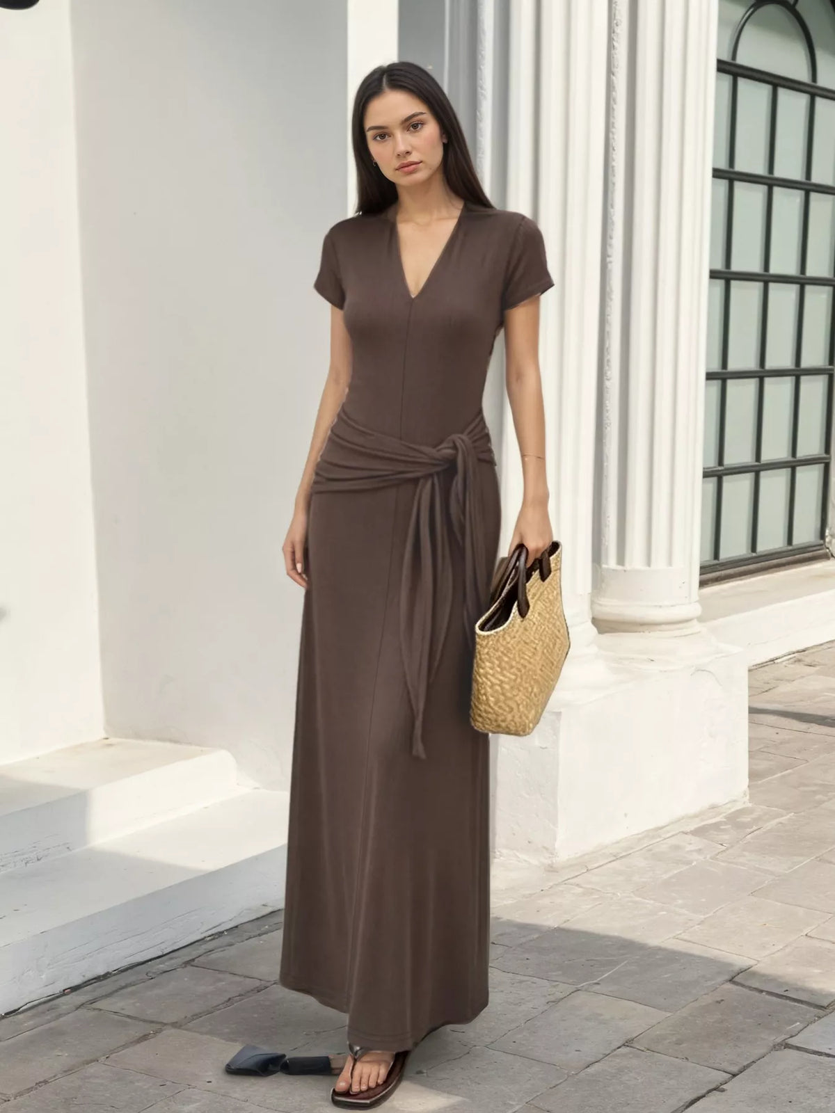 V-Neck Short Sleeve Maxi Dress with Waist-Tie Detail - Lilixa.store