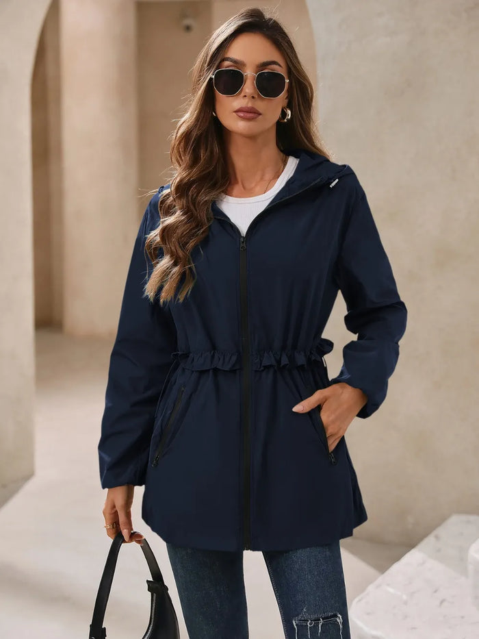 Ivy Lane Outdoor Waterproof Long Sleeve Hooded Windbreaker in Navy