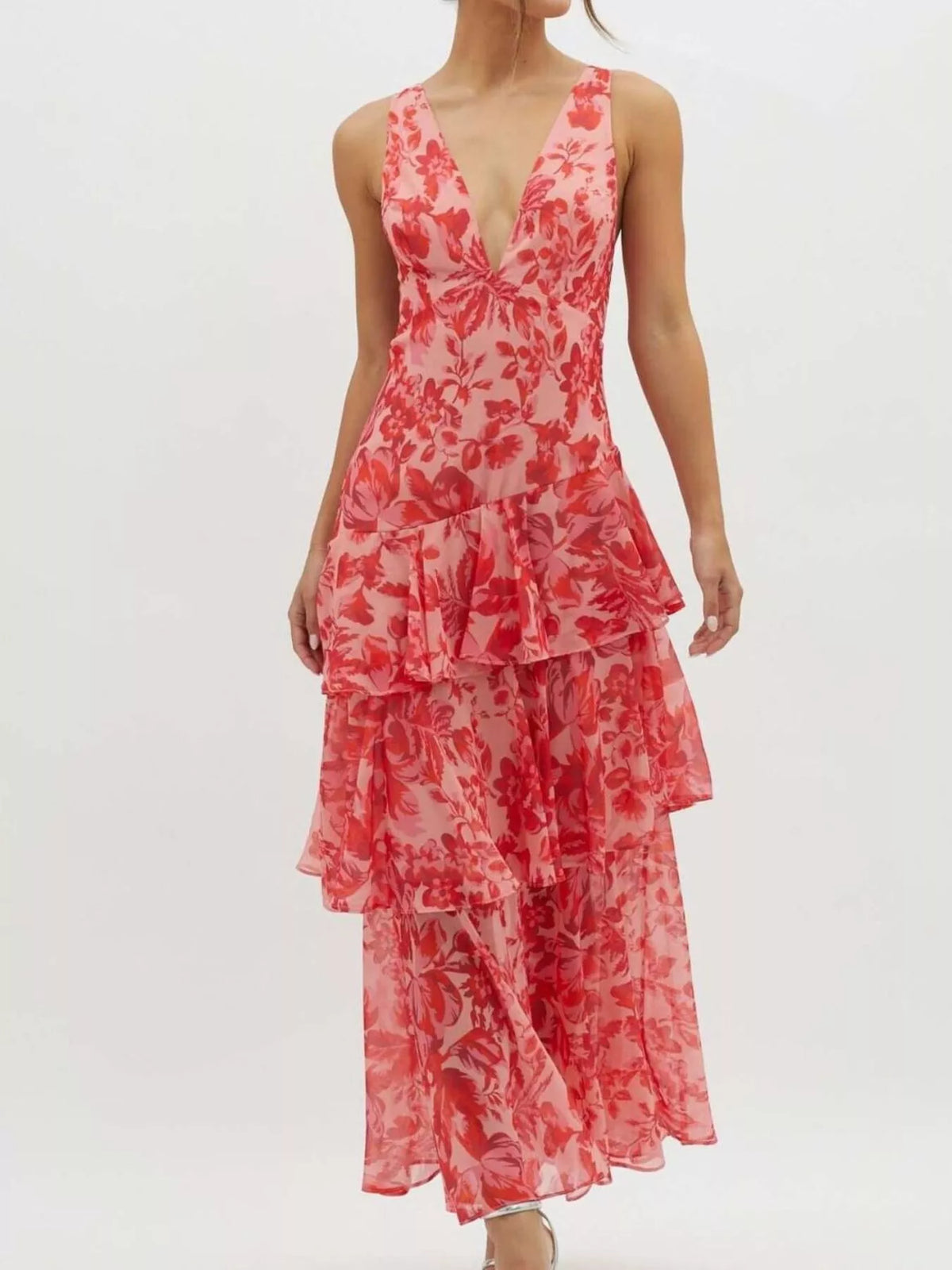 V-Neck Sleeveless Floral Print Layered Ruffle Maxi Dress - Lilixa.store