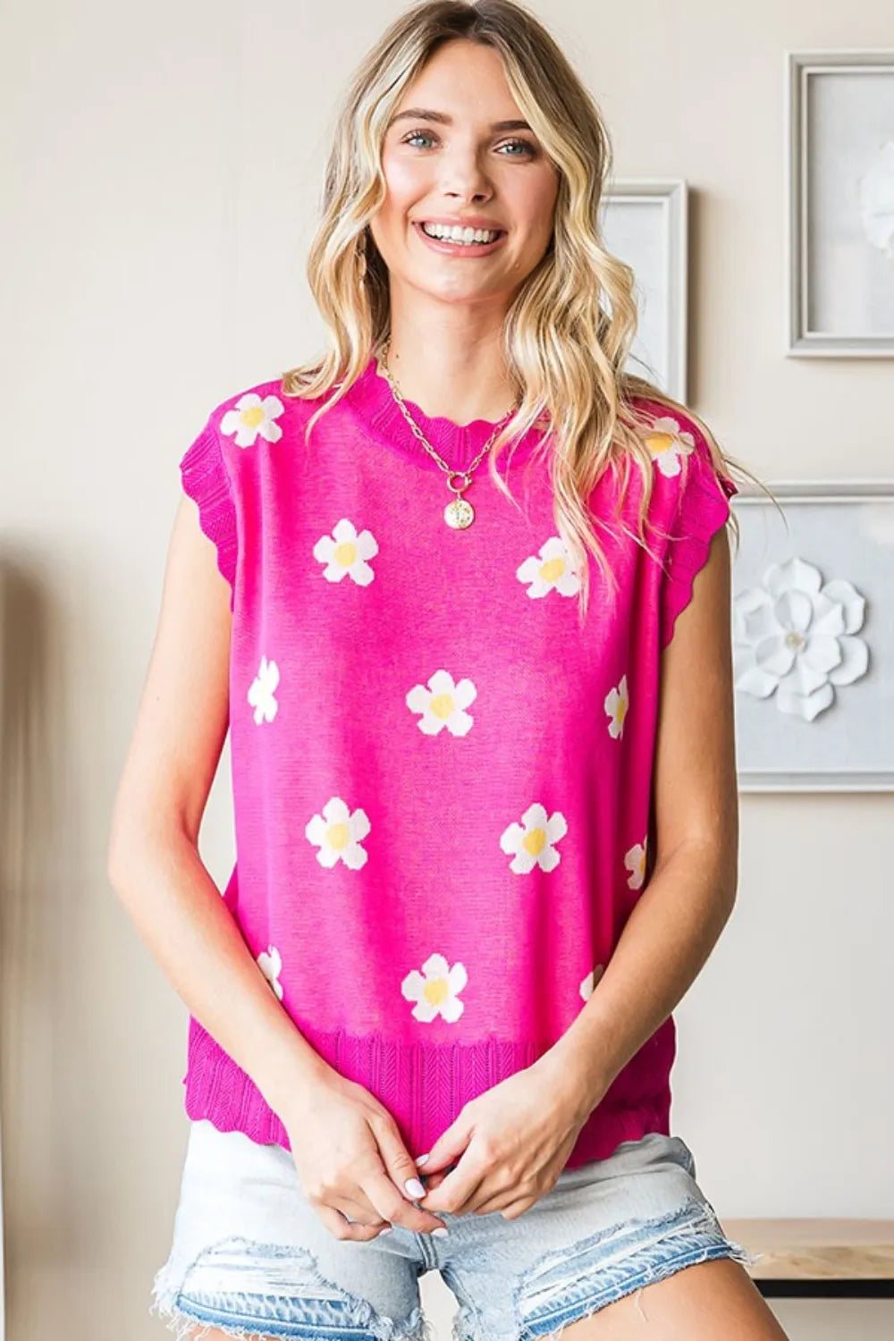 First Love Full Size Flower Pattern Round Neck Sweater Vest - Lilixa.store