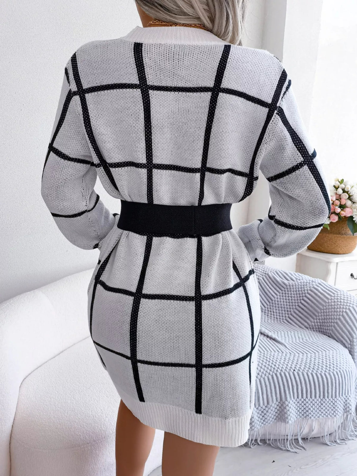 Plaid Pattern Long Sleeve Sweater Dress, view 21