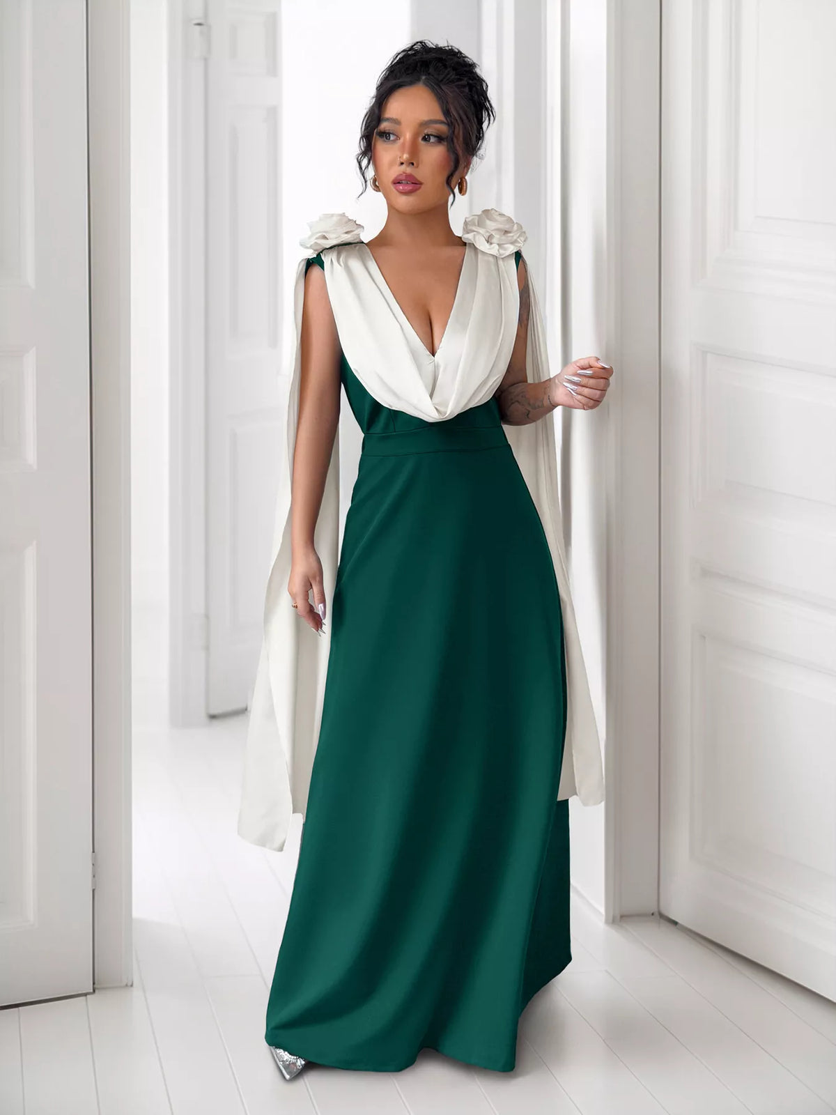 Floral Applique Two Tone Maxi Dress in Dark Green