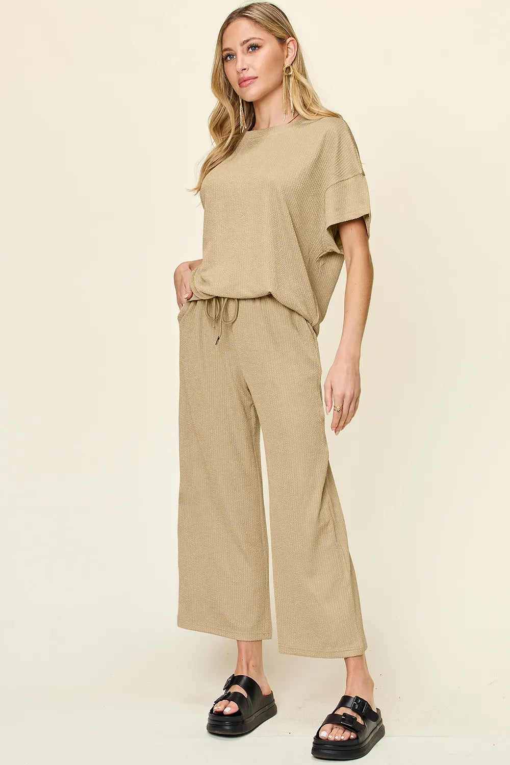 Double Take Full Size Texture Round Neck Short Sleeve T-Shirt and Wide Leg Pants, view 25