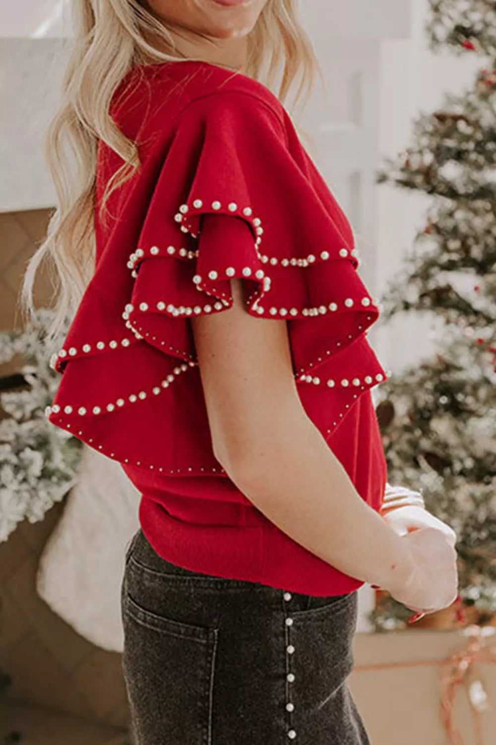 Ruffle Sleeve Pearl Embellished Knit Top in Deep Red, view 5