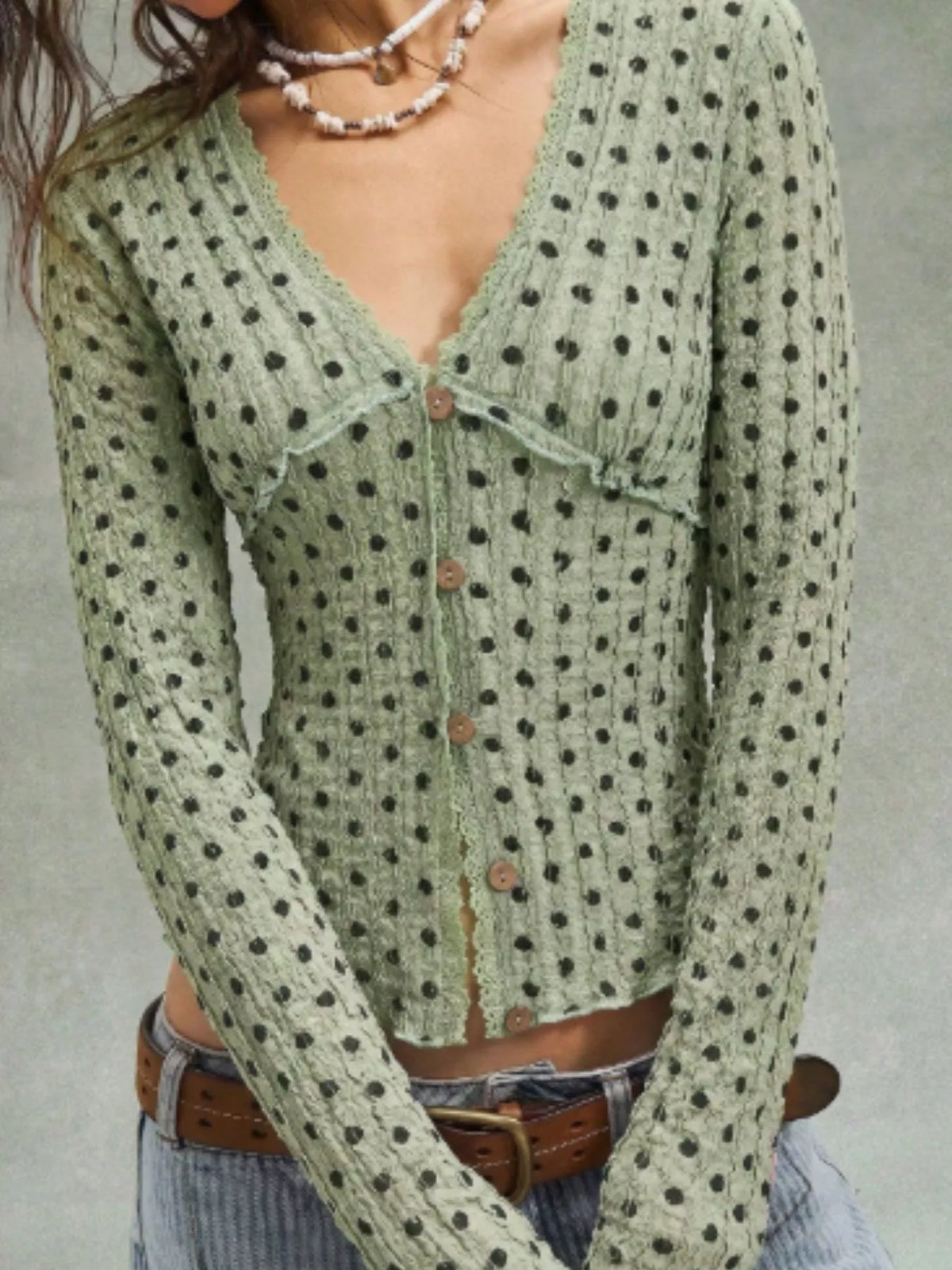 Polka Dot Button Down Textured Long Sleeve Blouse, view 14