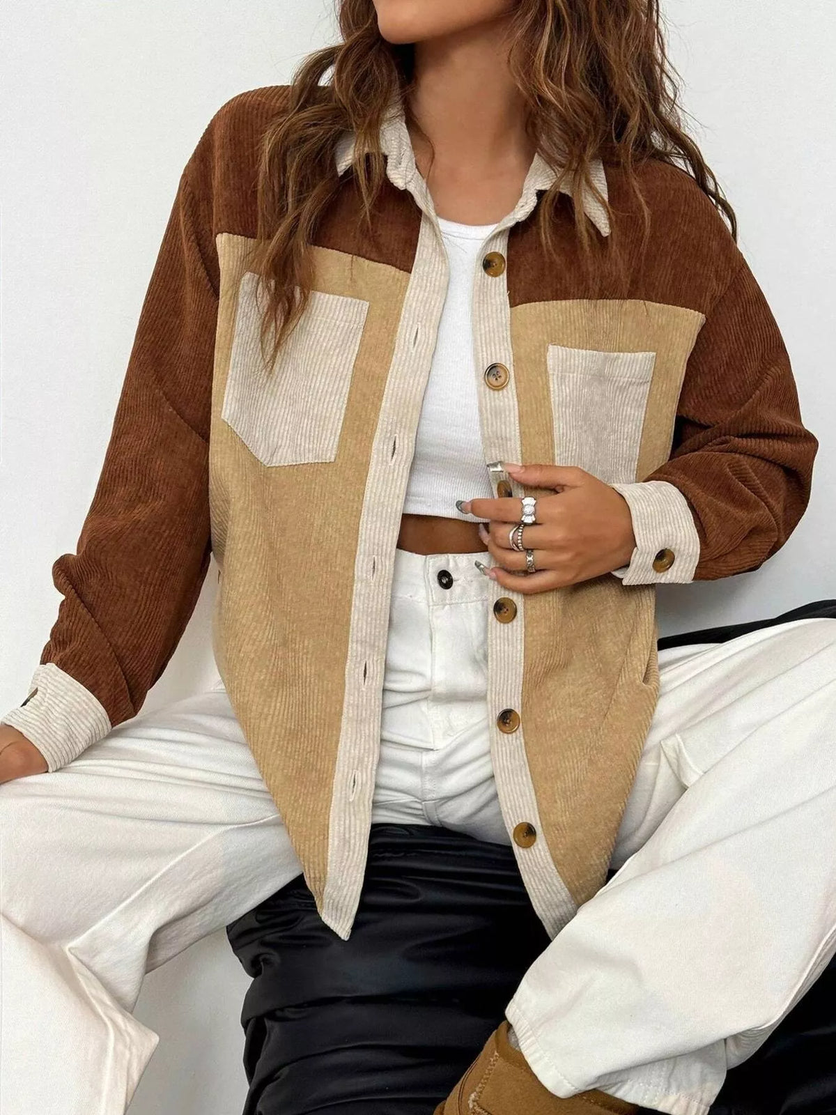 Color Block Corduroy Button-Up Jacket in Tan, view 5