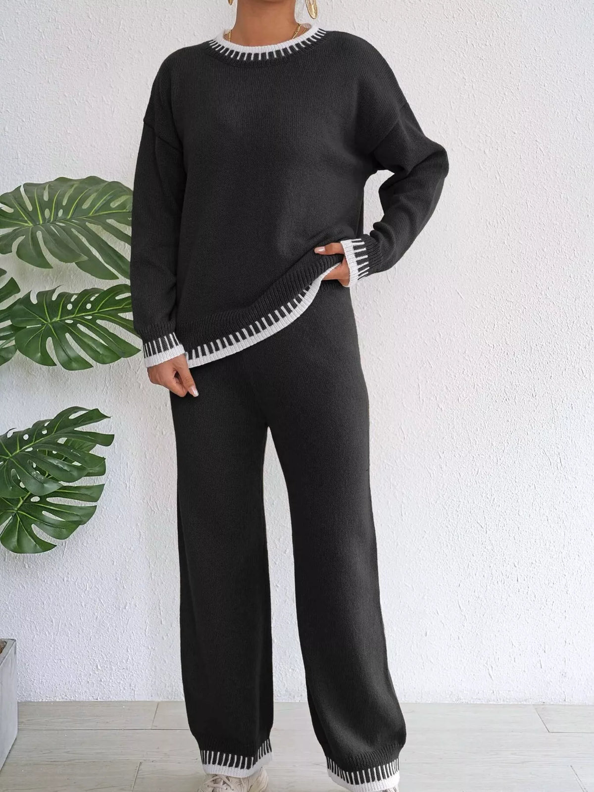 Contrast Trim Crew Neck Sweater and Pants Set
