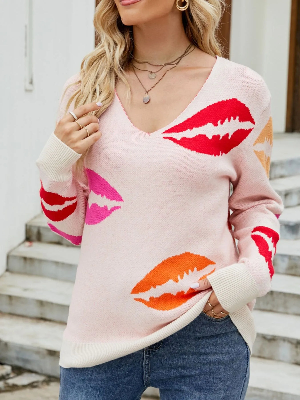 Colorful Lips V-Neck Sweater - Lilixa.store