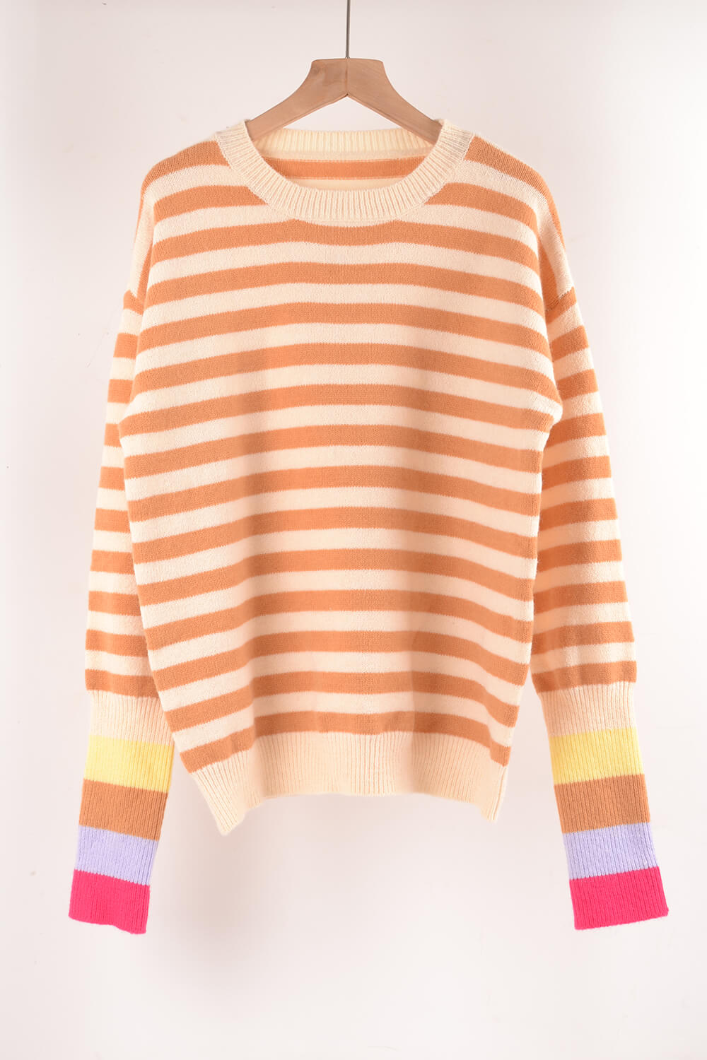 Angel Wings Warm Spice Striped Round Neck Sweater in Cream