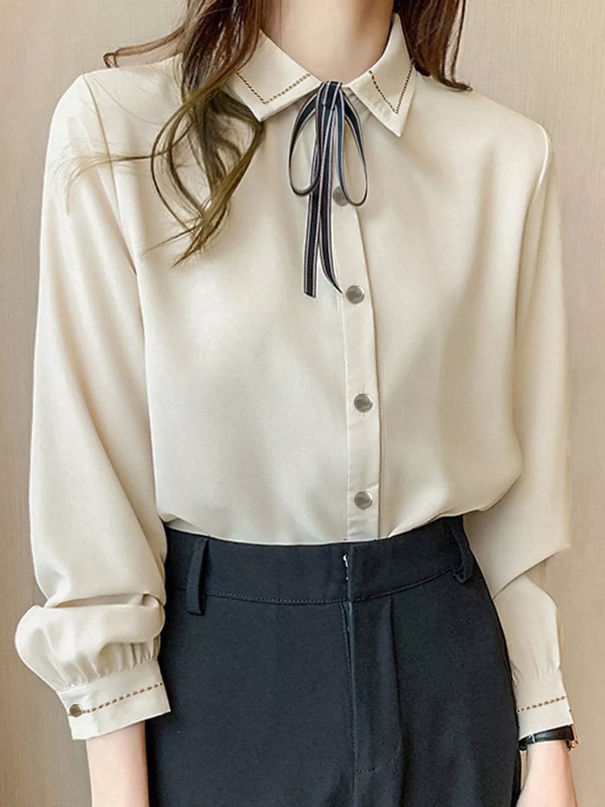 Bow Tie Long-Sleeve Shirt - Lilixa.store