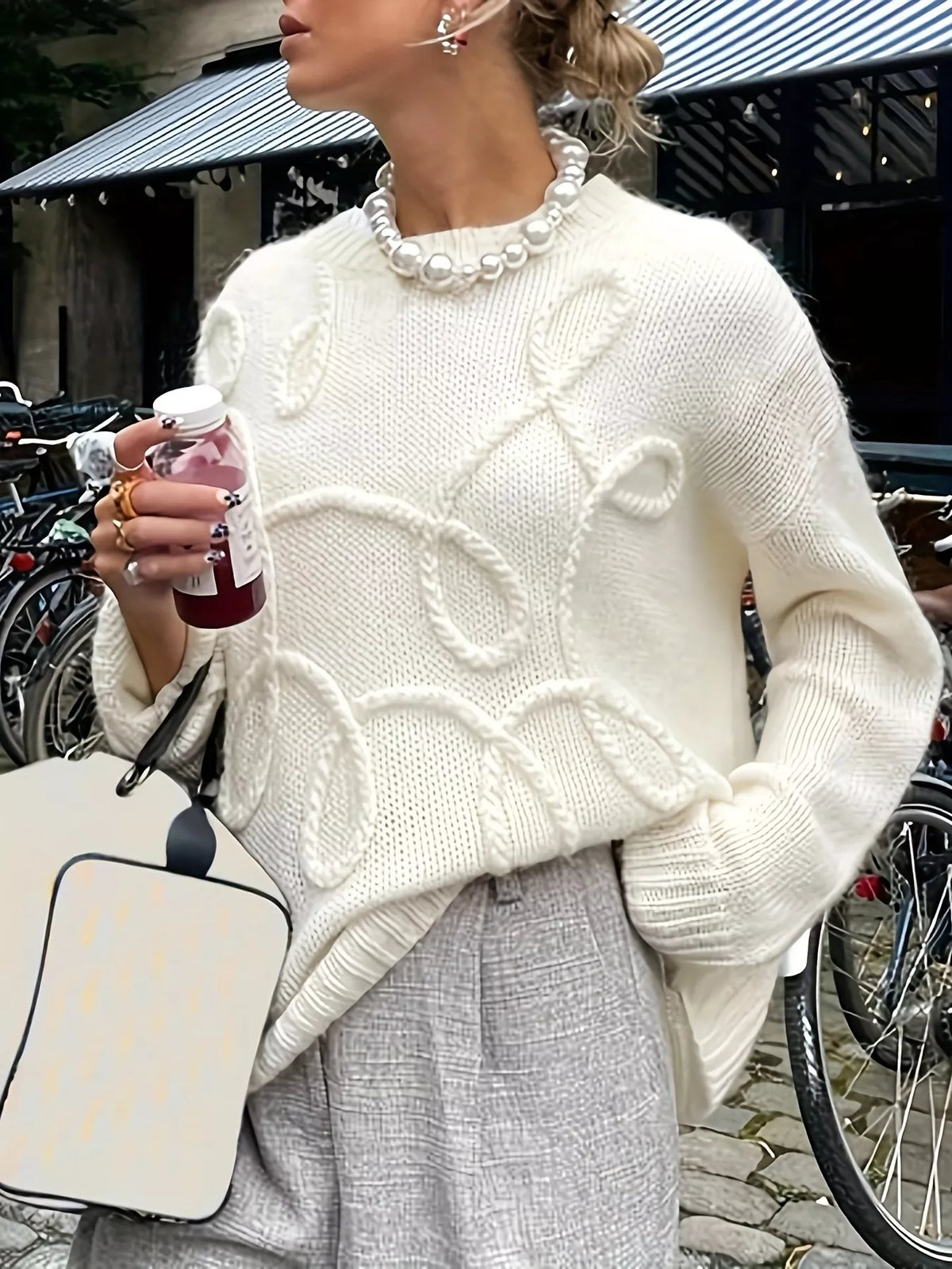 Plus Size Drop Shoulder Textured Sweater with Embossed Rope Detail in Cream, view 3