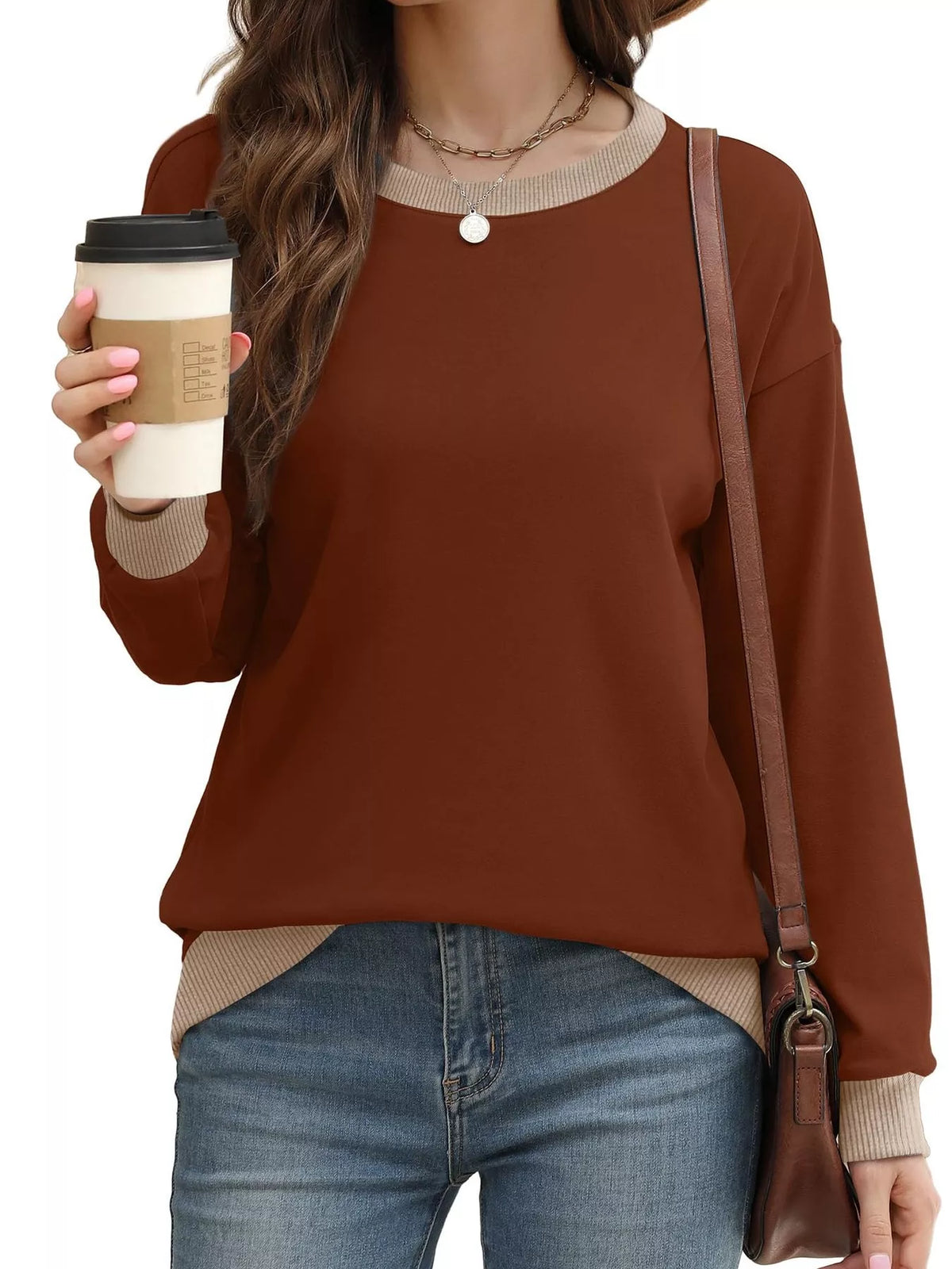 Contrast Trim Crew Neck Casual Sweatshirt - Lilixa.store