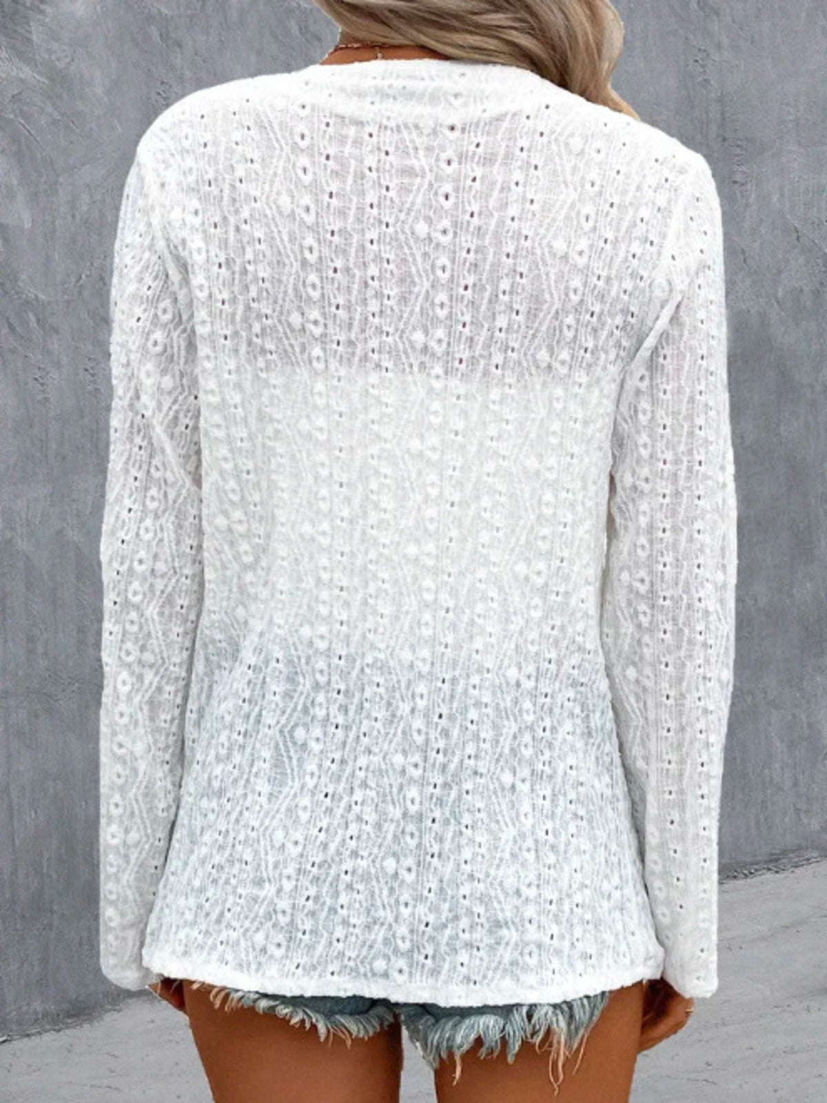 Eyelet Embroidered Open Front Cardigan in White, view 3